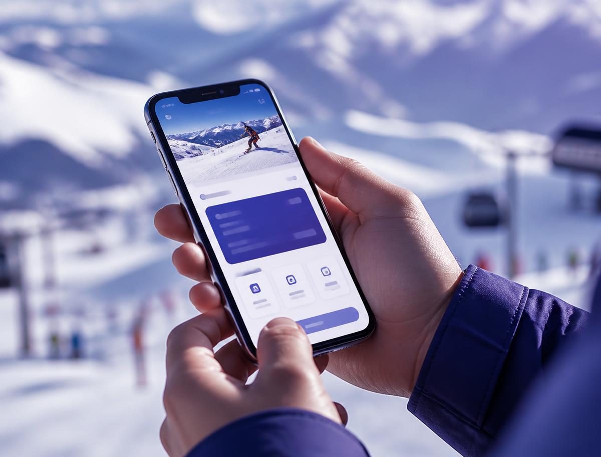 iOS ski-pass app on an iPhone held in hand
